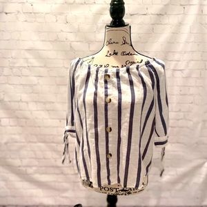Striped, beachy 3/4 sleeve blouse with button design down front